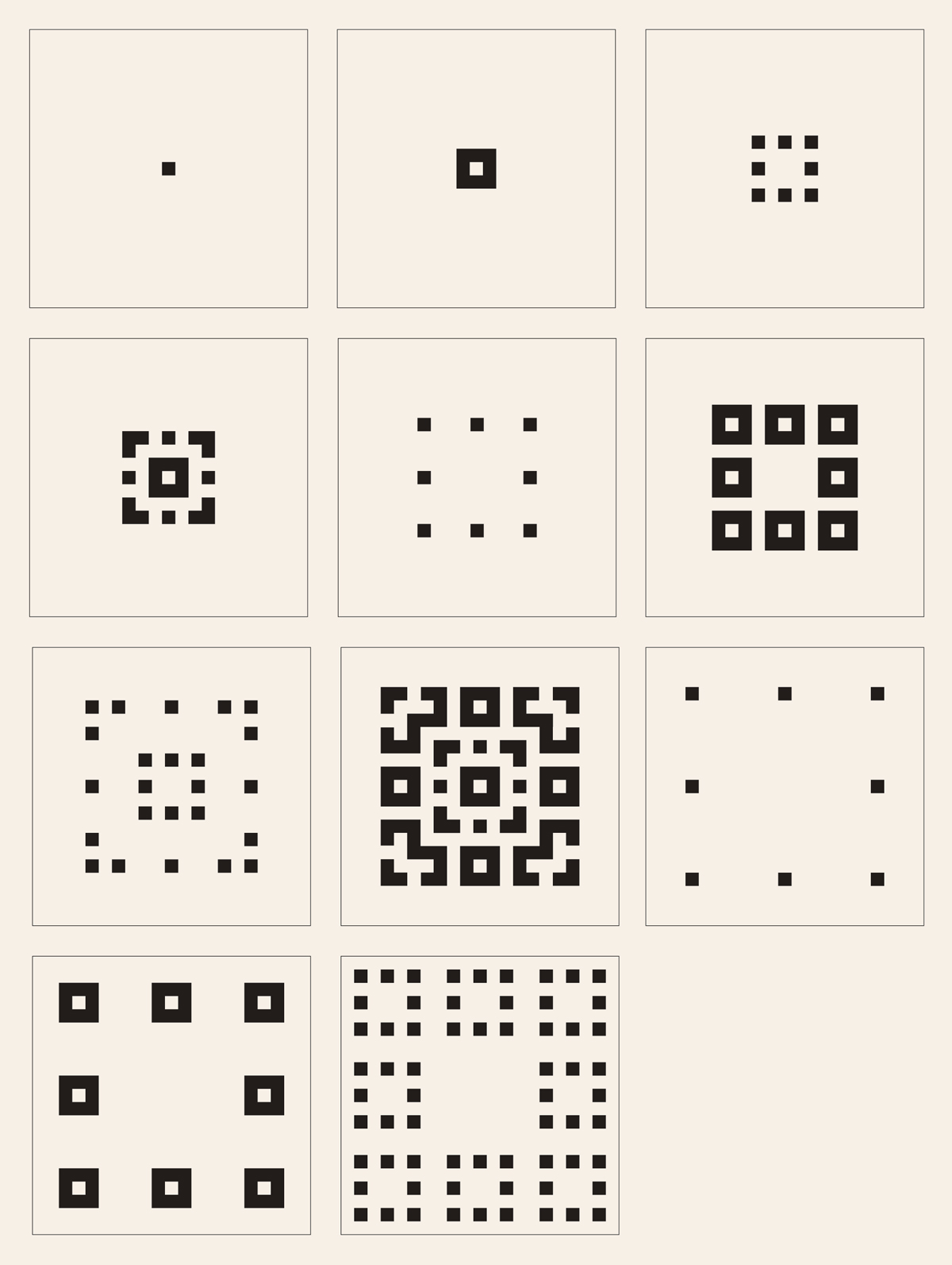 A diagram depicting the first eleven iterations of the sequence generated by a so-called cellular automaton. Cellular automata are systems consisting of an array of squares, each of which may be either on, which is rendered in the diagram as black, or off, which is rendered as white. The sequence depicted here operates according to one rule, which is as follows: in each new iteration, a cell will be on if, and only if, in the previous iteration an odd number of its eight surrounding squares were on.