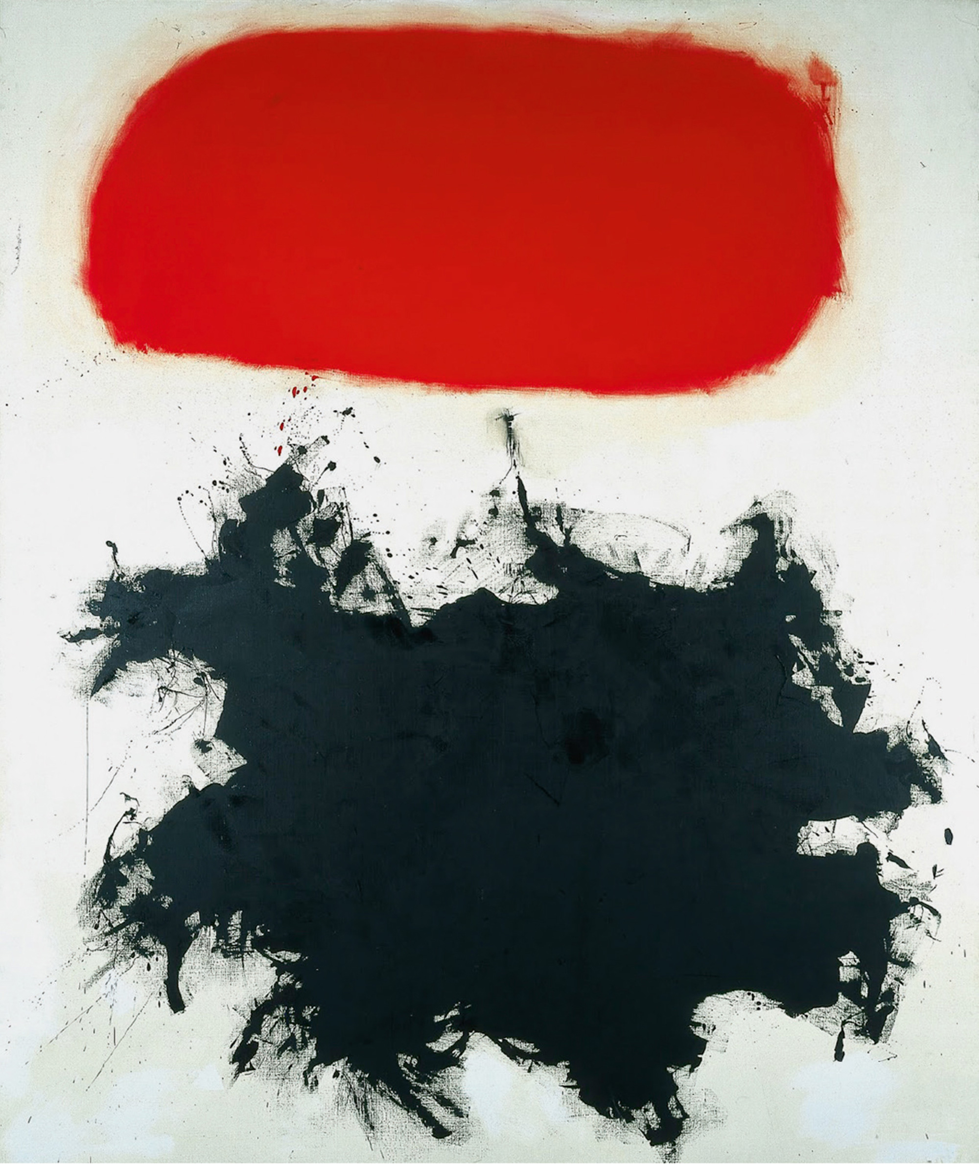 Adolph Gottlieb’s nineteen fifty-six painting titled “Cadmium Red Above Black”, depicting a nebulous cloud of red hovering above a black stormy form.