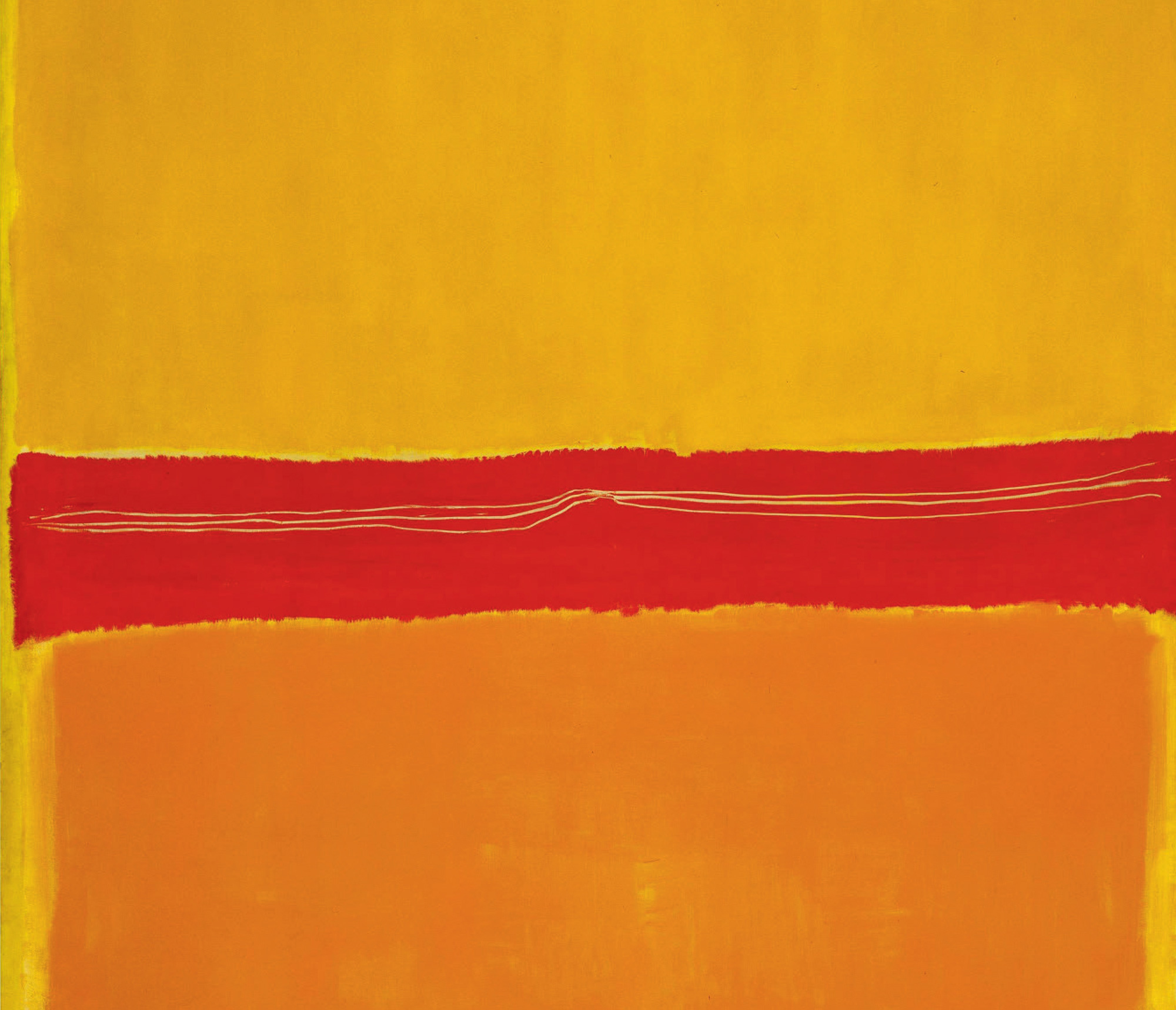A detail of a red stripe through a yellow background from Mark Rothko’s nineteen fifty painting titled “No. 5/No. 22.”