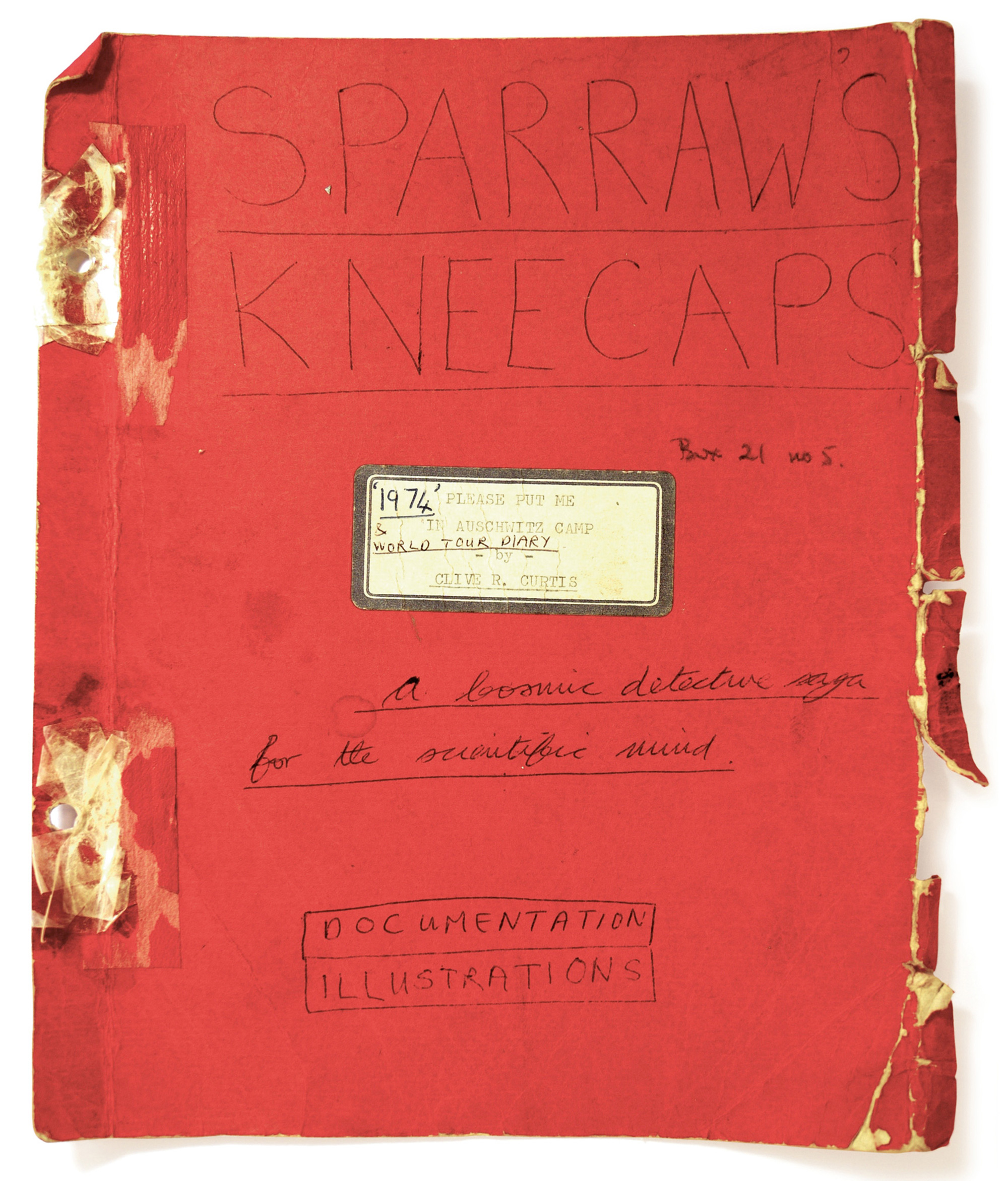A photograph of the tattered front cover of the “Sparraw’s Kneecaps” manuscript by Clive R. Curtis, from circa nineteen seventy-four.
