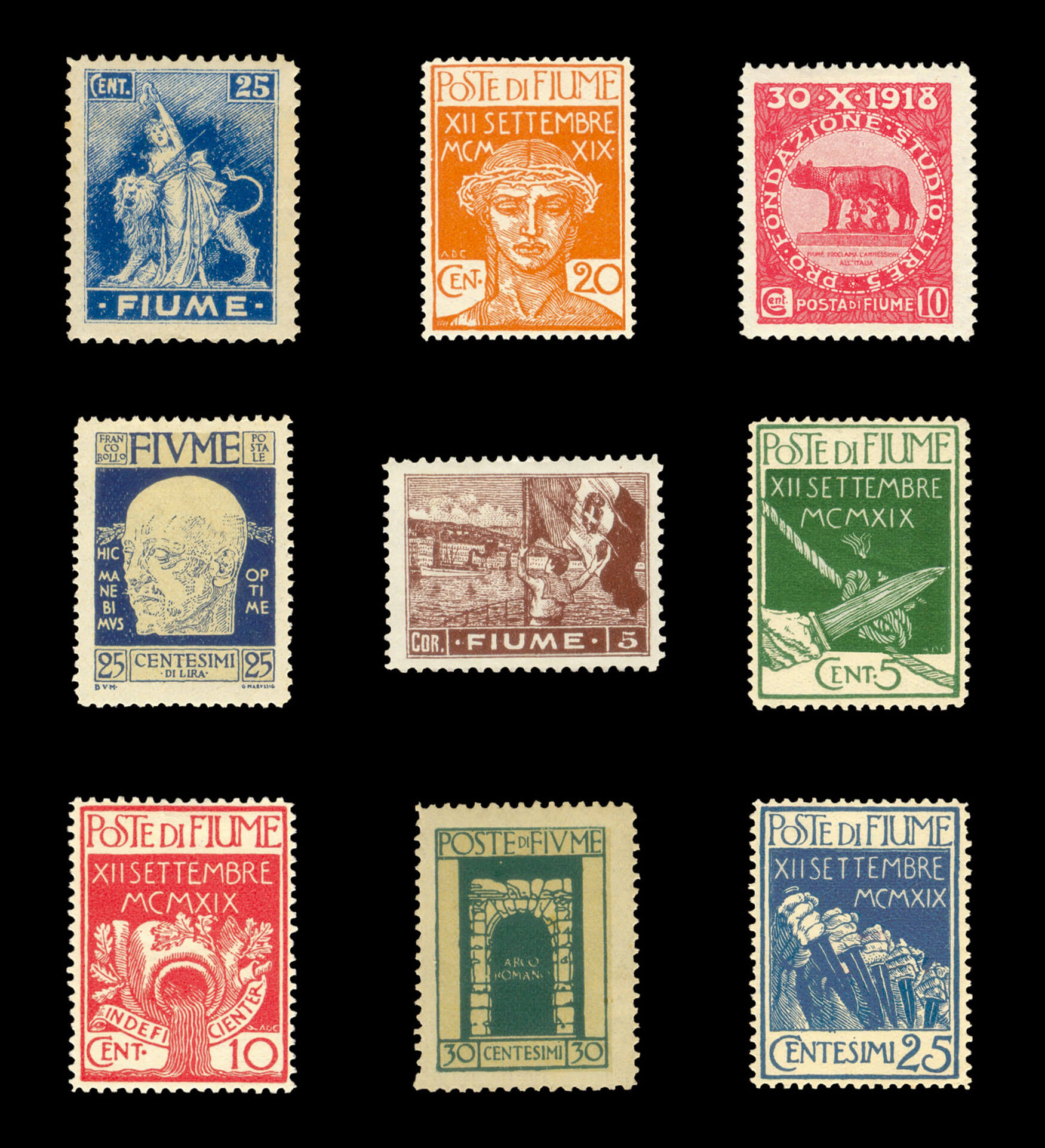 Nine Fiumean stamps issued during D’Annunzio’s occupation of the city. The stamps display a variety of symbols recalling the Roman empire and one features a portrait of D’Annunzio himself.