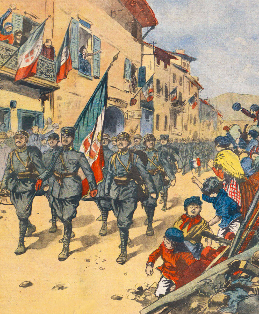 An illustration from Le Petit Journal, 9th of January nineteen twenty-one, of Italian troops entering Fiume after D’Annunzio’s defeat in December nineteen twenty. This image was captioned “The end of the adventure.”
