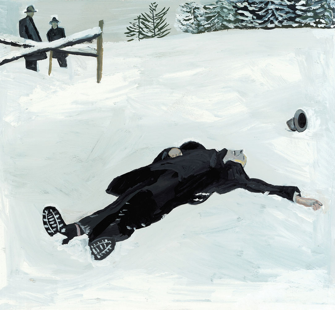 Maira Kalman’s twenty twelve painting titled “Man in the Snow.” Kalman’s painting of Robert Walser is based on a photograph taken by the medical examiner documenting the scene of the author’s death on Christmas Day nineteen fifty-six.