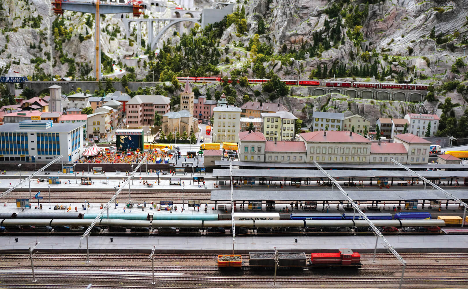 A photograph of a miniature train station at the Miniatur Wunderland.