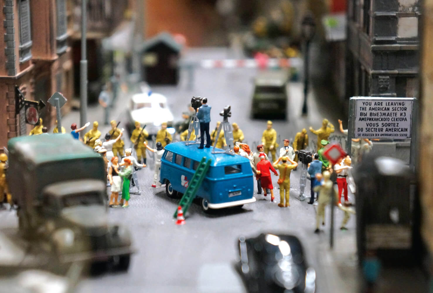 The Miniatur Wunderland’s representation of a line of East German soldiers preventing a crowd from entering the American Sector in divided Cold War Berlin.