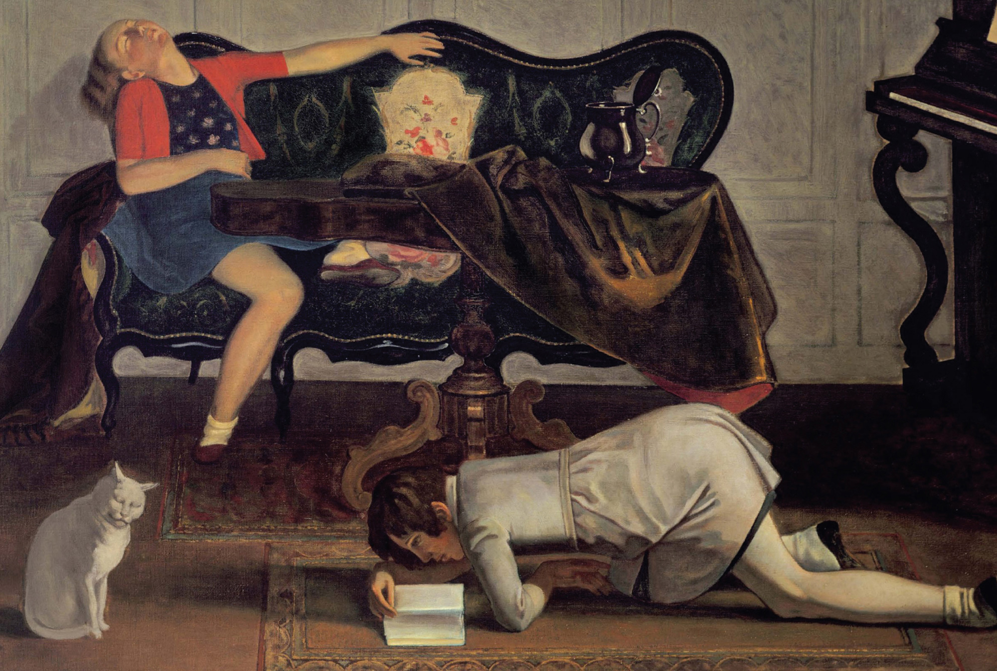 Balthus’s nineteen forty-two painting of a boy reading and a woman and her cat napping, titled “The Living Room”