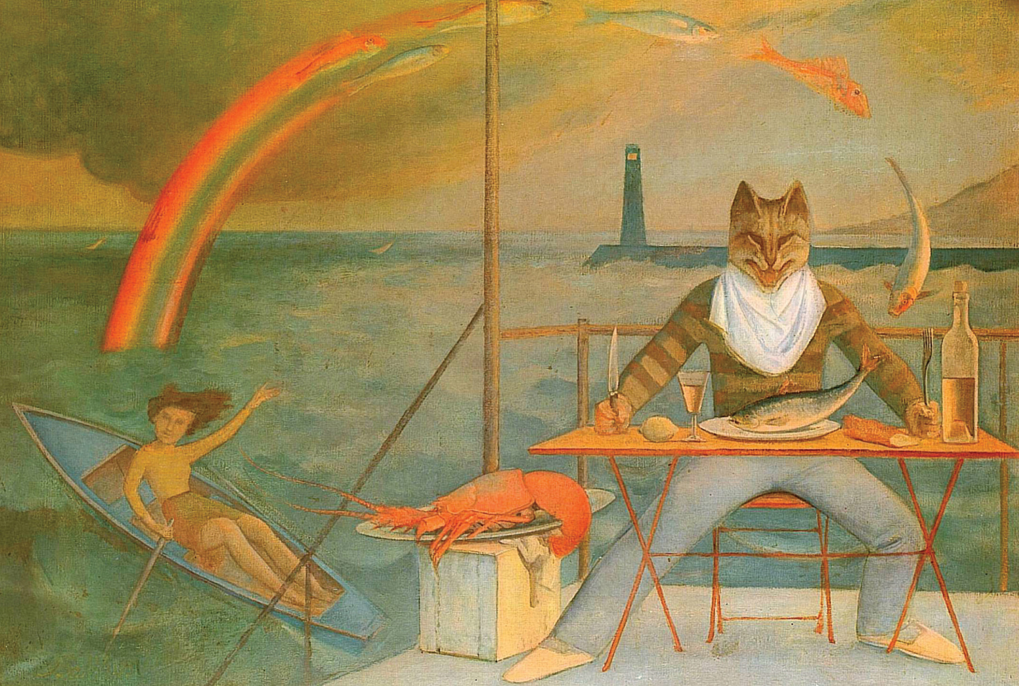 Balthus’s nineteen forty-nine painting titled “The Cat of La Méditerranée” depicting a cat-headed man feasting at a table, while fish leap out of the ocean onto his plate. The painting was made for “La Méditerranée,” a Paris restaurant frequented by the artist. 