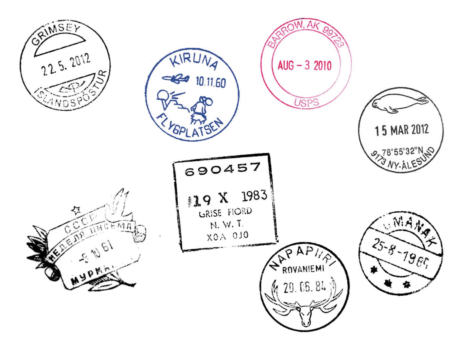 A postcard depicting the passport stamps of eight countries which have post offices above the Arctic Circle: Canada, Denmark, Finland, Iceland, Norway, Russia, Sweden, and the United States.