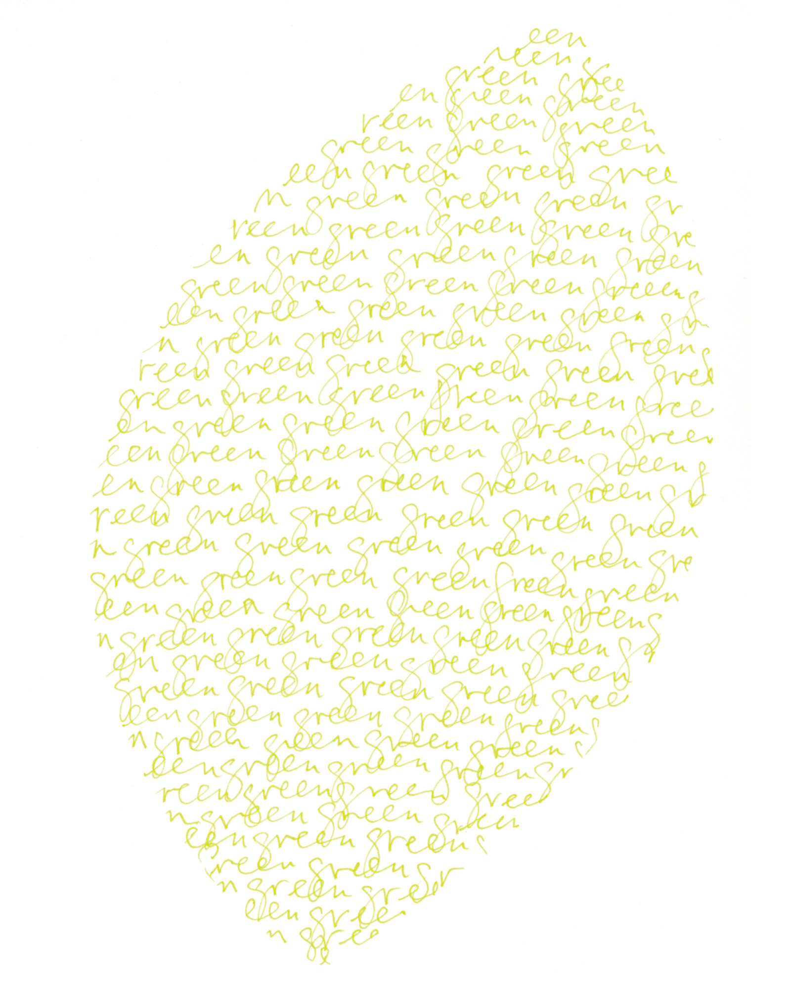 A drawing of a leaflike form made from writing spelling out the word “green.”