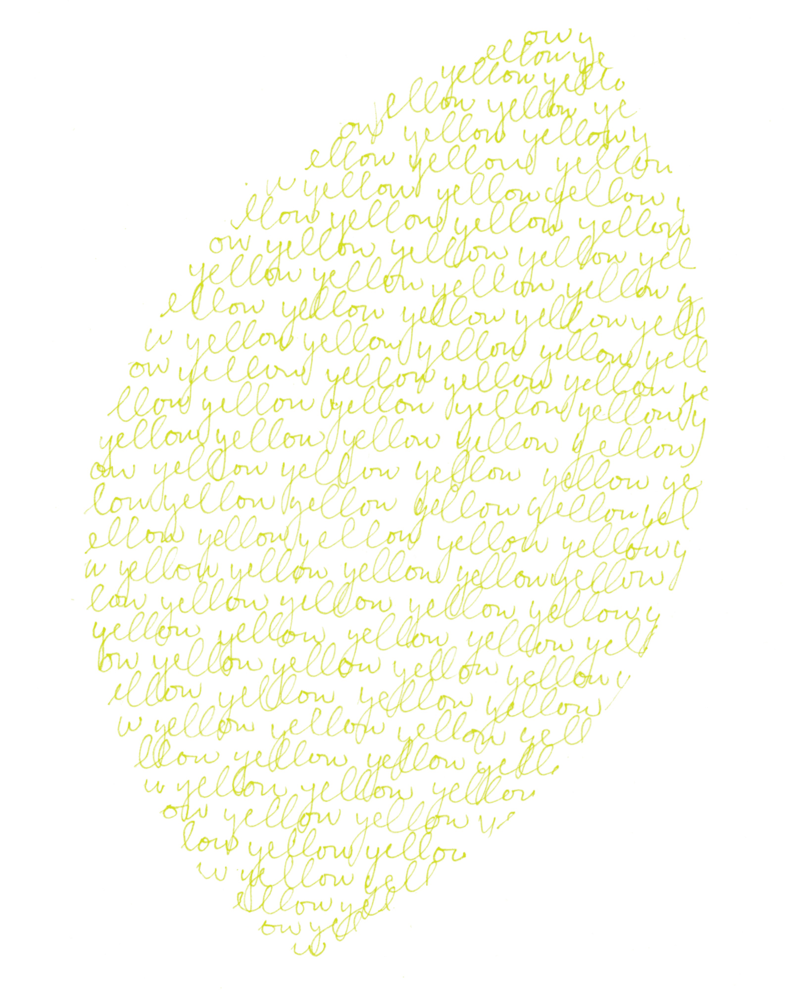 A drawing of a leaflike form made from writing spelling out the word “yellow.”