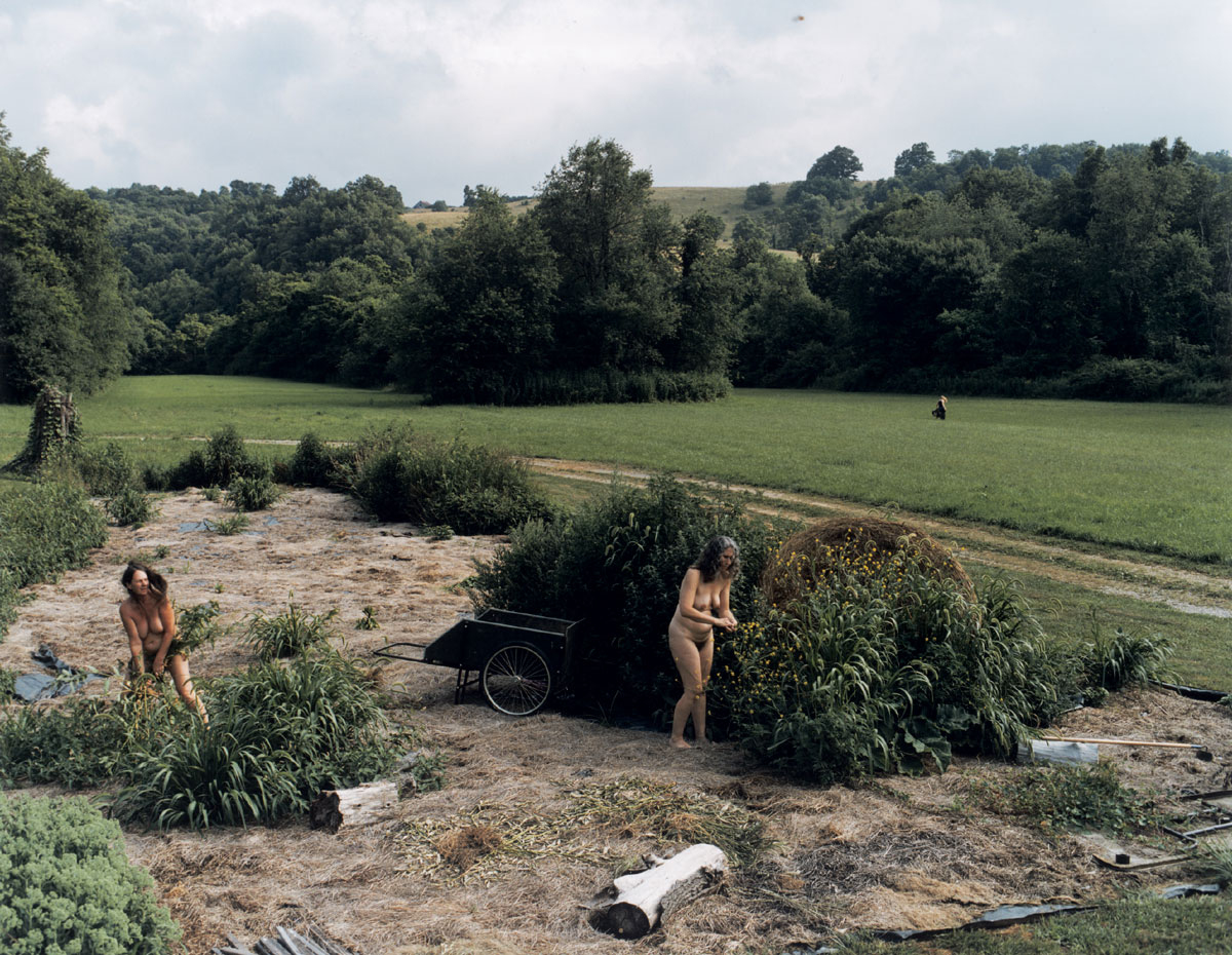 A 2001 photograph by artist Justine Kurland entitled “Mustard Flowers” depicting nude women gardening.
