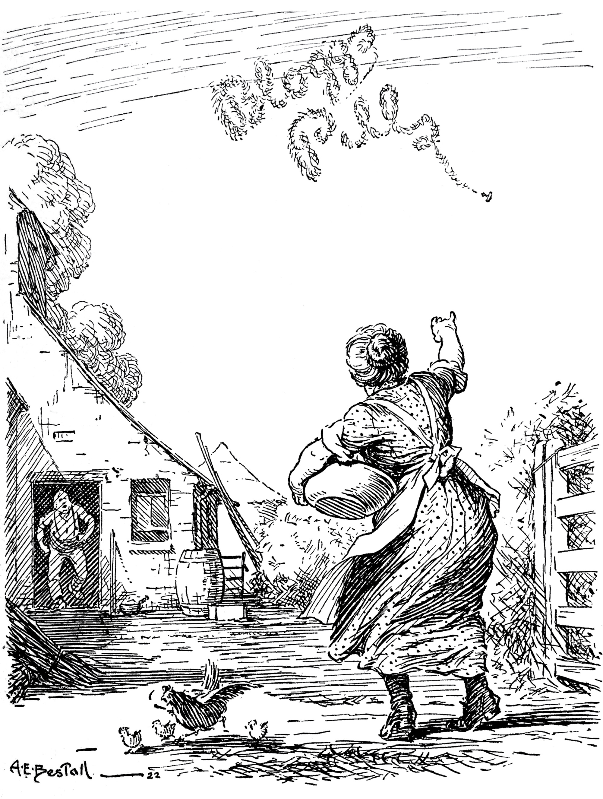 An illustrated cartoon by A. E. Bestall from a June fourteenth nineteen twenty two edition of “Punch” magazine depicting an English farm couple encountering skywriting for the first time. The wife has mistaken the inscription for a radio or “wireless” message that has caught fire.