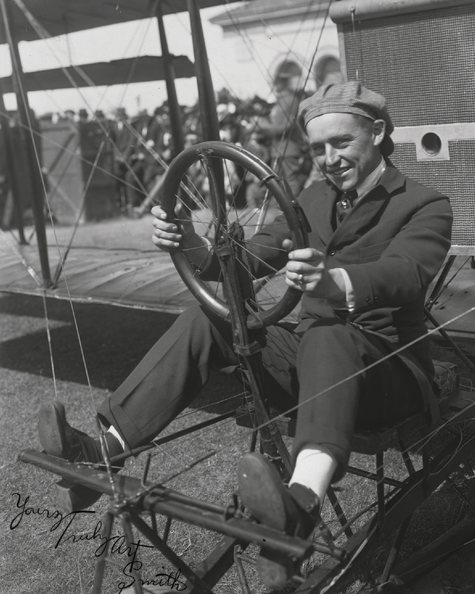 A photograph of Art Smith in his Beachey Little Looper biplane at the Panama-Pacific International Exposition in nineteen fifteen.