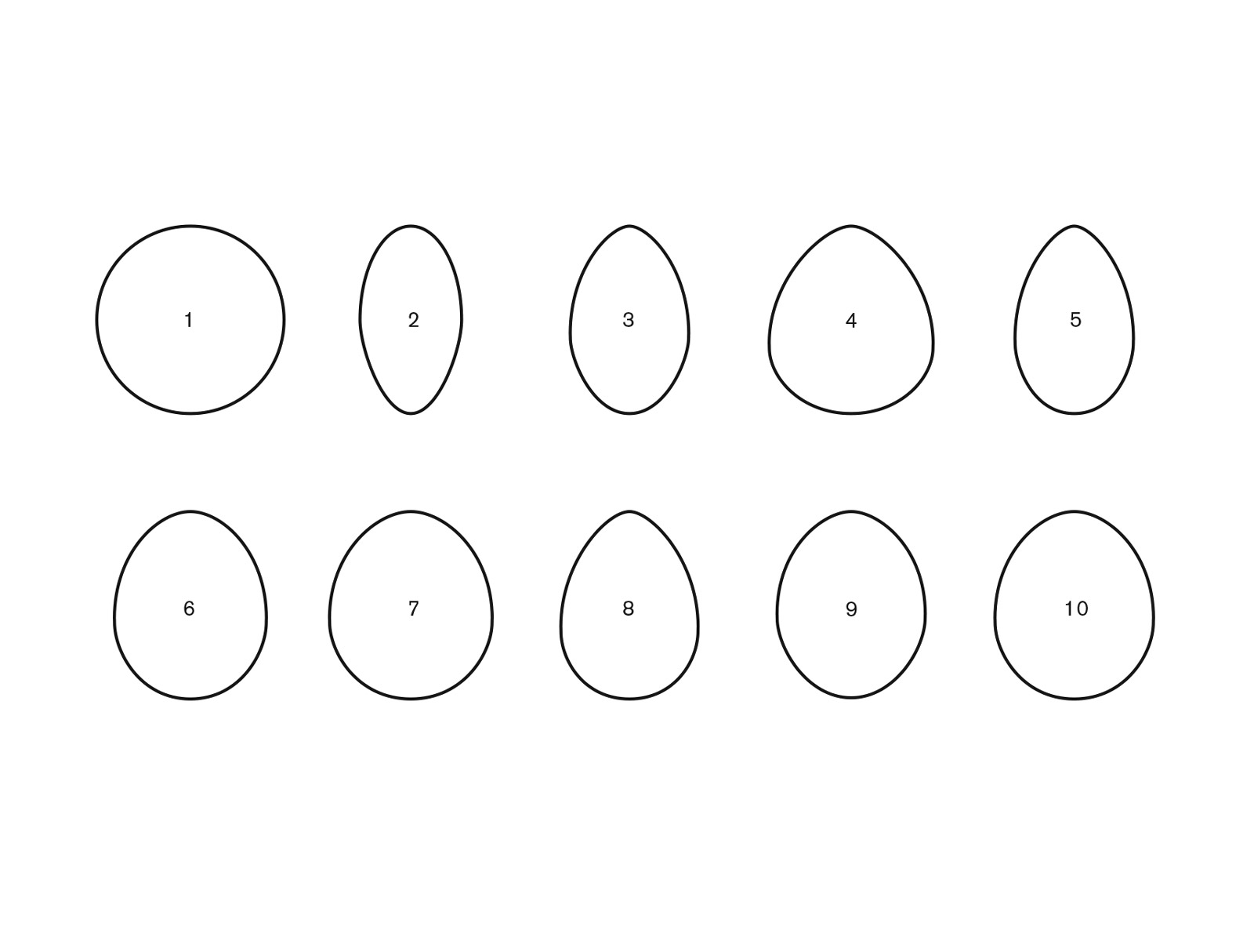 The front of a postcard, featuring ten variated illustrations of egg shapes.
