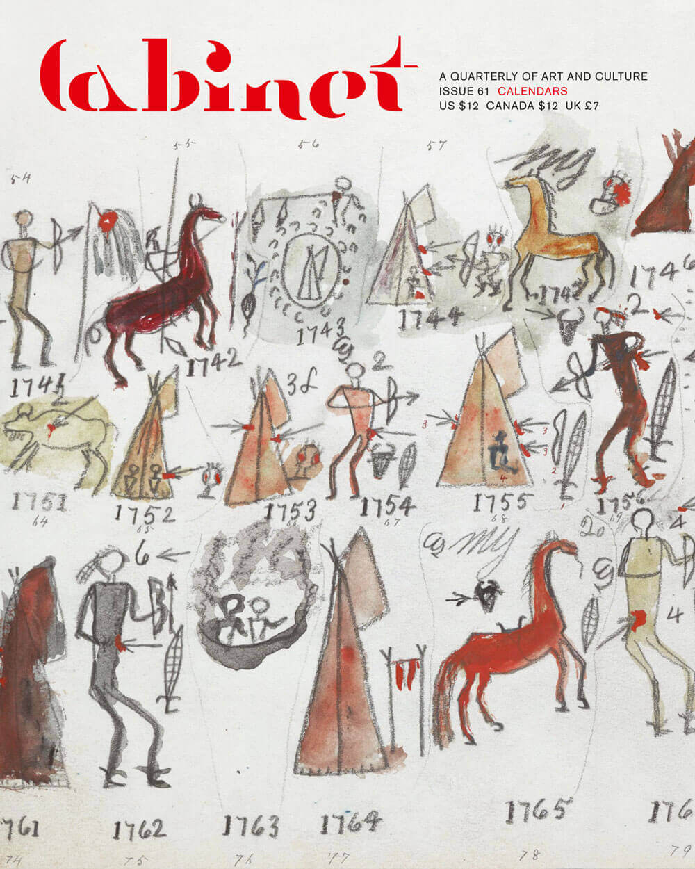 Detail from a Lakota “winter count” calendar consisting of pictographic histories of one memorable and thereby representative event from each year. The Lakota measured years from first snowfall to first snowfall, hence the name “winter count.” The detail reproduced here depicts the years between 1742 and 1765.