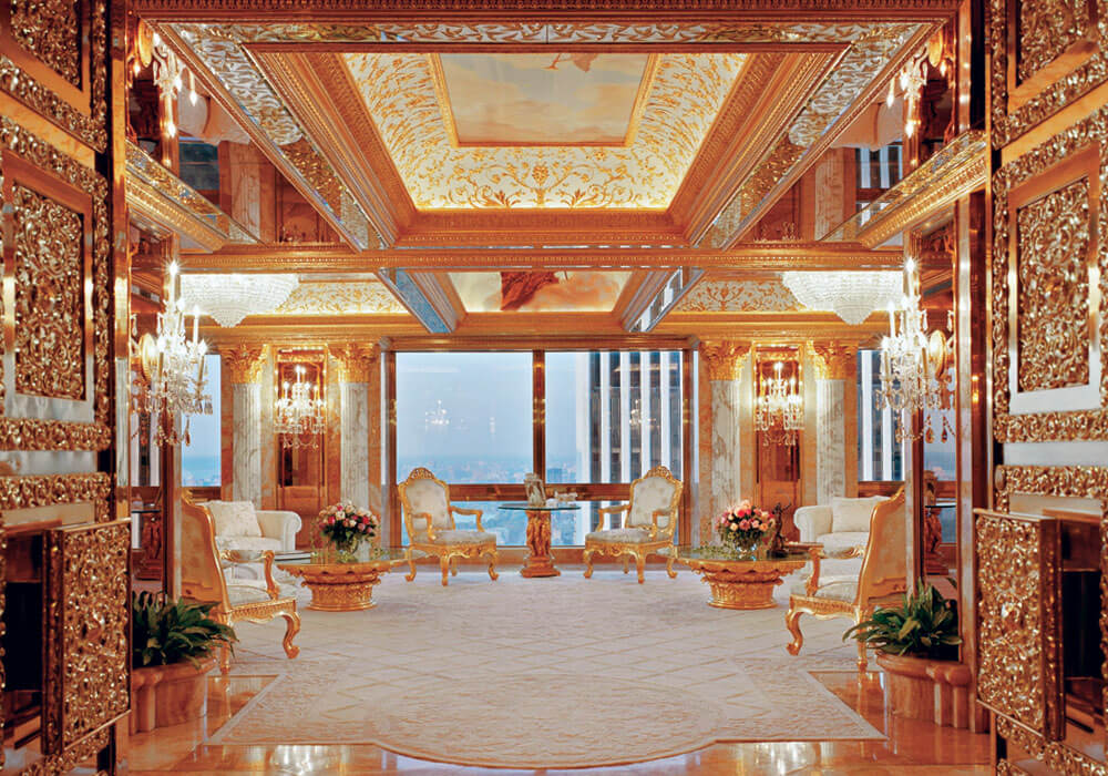 A photograph of a room decorated in gold at Monticello.