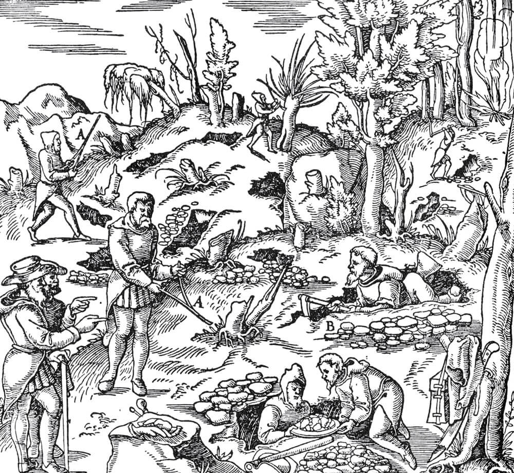 In this engraving from Georgius Agricola’s De re metallica (1556), two miners use forked divining rods to locate subterranean deposits of metal. According to Hoover, Agricola’s is the first published description of such instruments, which were believed (barring any “impeding peculiarities” on the part of those using them) to begin rotating near veins of ore. Rods of different materials were paired with different minerals: hazel with silver, pitch pine with lead, iron (or steel) with gold. Agricola denounced their use as a superstition, which passed to miners “from its impure origin with the magicians.”