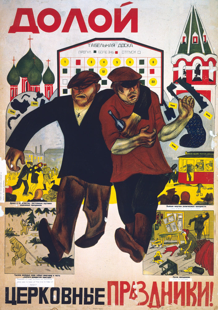 A nineteen twenties Soviet poster of two drunken men against the background of a calendar, linking church holidays with drunkenness.