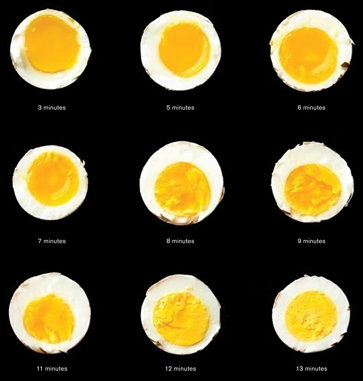A photograph of nine cross sections of eggs boiled for progressively longer lengths of time. The yolks range from runny to well-done based on how many minutes they have been boiled.