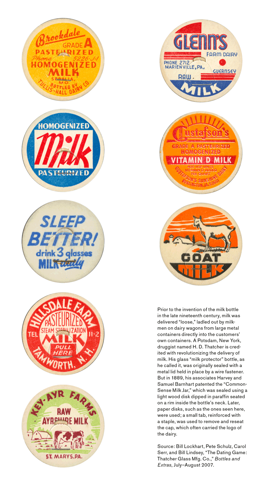 A bookmark, the front of which features five different paper disk designs for milk bottle lids. The back of the bookmark features two more disk designs, and text that reads, “Prior to the invention of the milk bottle in the late nineteenth century, milk was delivered ‘loose,’ ladled out by milkmen on dairy wagons directly into the customers’ own containers. A Potsdam, New York, druggist named H.D. Thatcher is credited with revolutionizing the delivery of milk. His glass “milk protector” bottle, as he called it, was originally sealed with a metal lid held in place by a wire fastener. But in eighteen eighty nine, his associates Harvey and Samuel Barnhart patented the ‘Common-Sense Milk Jar,’ which was sealed using a light wood disk dipped in paraffin seated on a rim inside the bottle’s neck. Later, paper disks, such as the ones seen here, were used: a small tab, reinforced with a staple, was used to remove and reseat the cap, which often carried the logo of the dairy.”