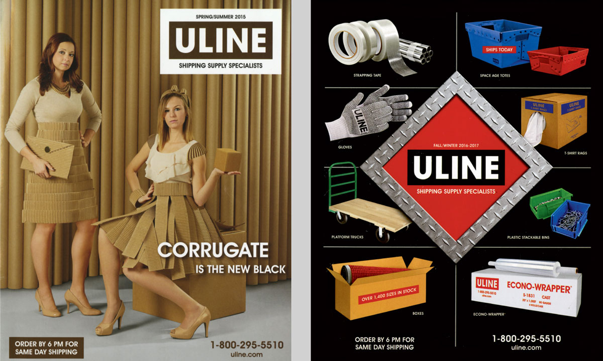 Two advertisements for Uline shipping company, one a twenty fifteen image of two women in corrugate packaging with the text “corrugate is the new black,” the other a twenty sixteen to twenty seventeen advert featuring various product offerings.
