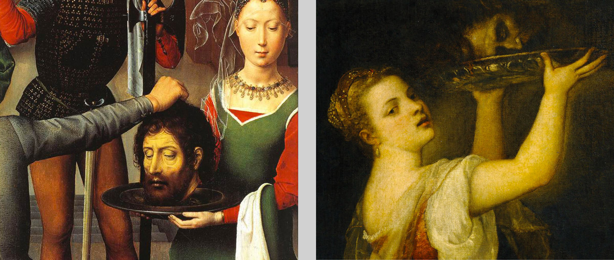 Left: Hans Memling, St. John Altarpiece (detail), ca. 1474–1479. Right: Titian, Salome with the Head of John the Baptist (detail), 1549.