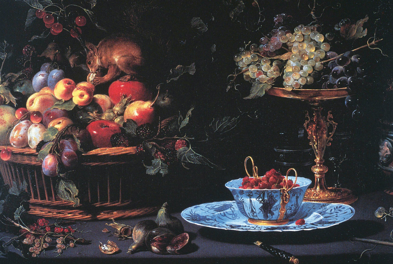 A sixteen sixteen painting by Frans Snyders, titled “Still Life with Fruit, Wan-Li Porcelain, and Squirrel,” depicting an arrangement of fruit, ornamental plateware, and a squirrel upon a table.