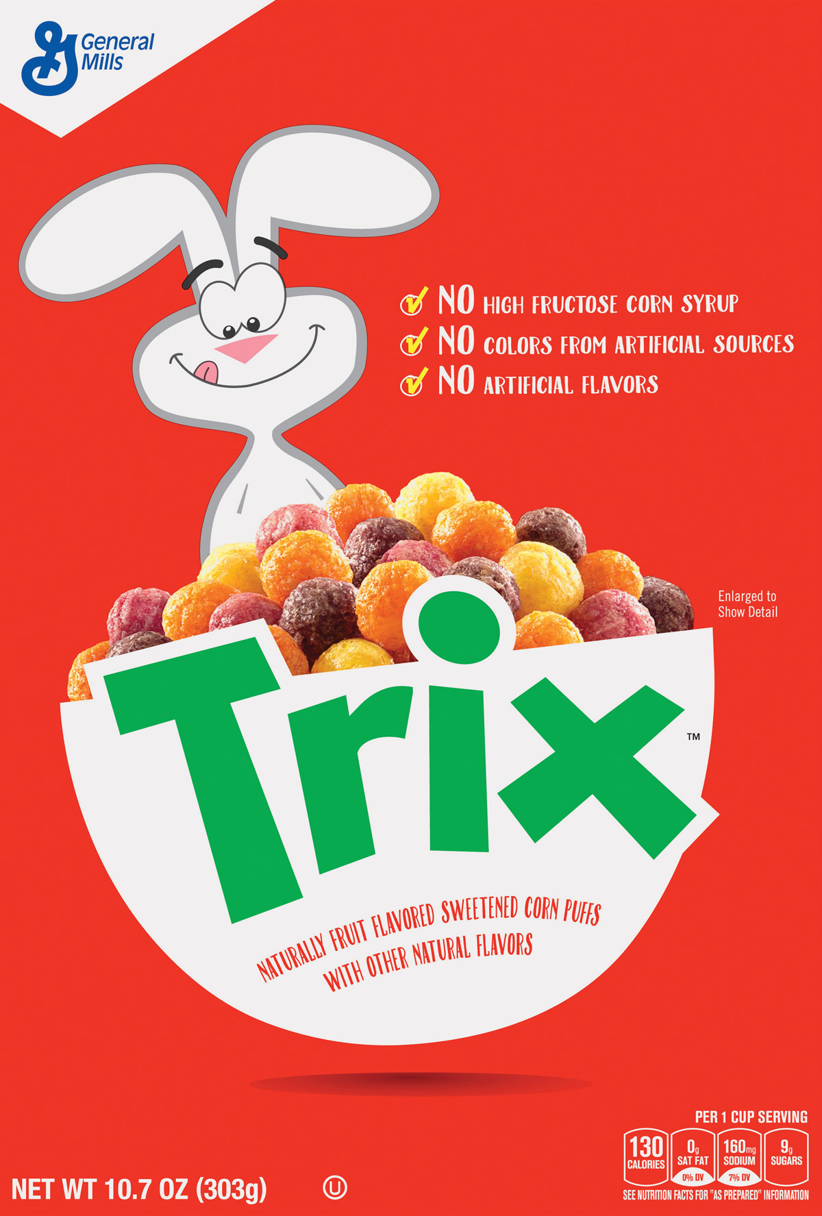 The front of a twenty fifteen Trix cereal box, debuting 