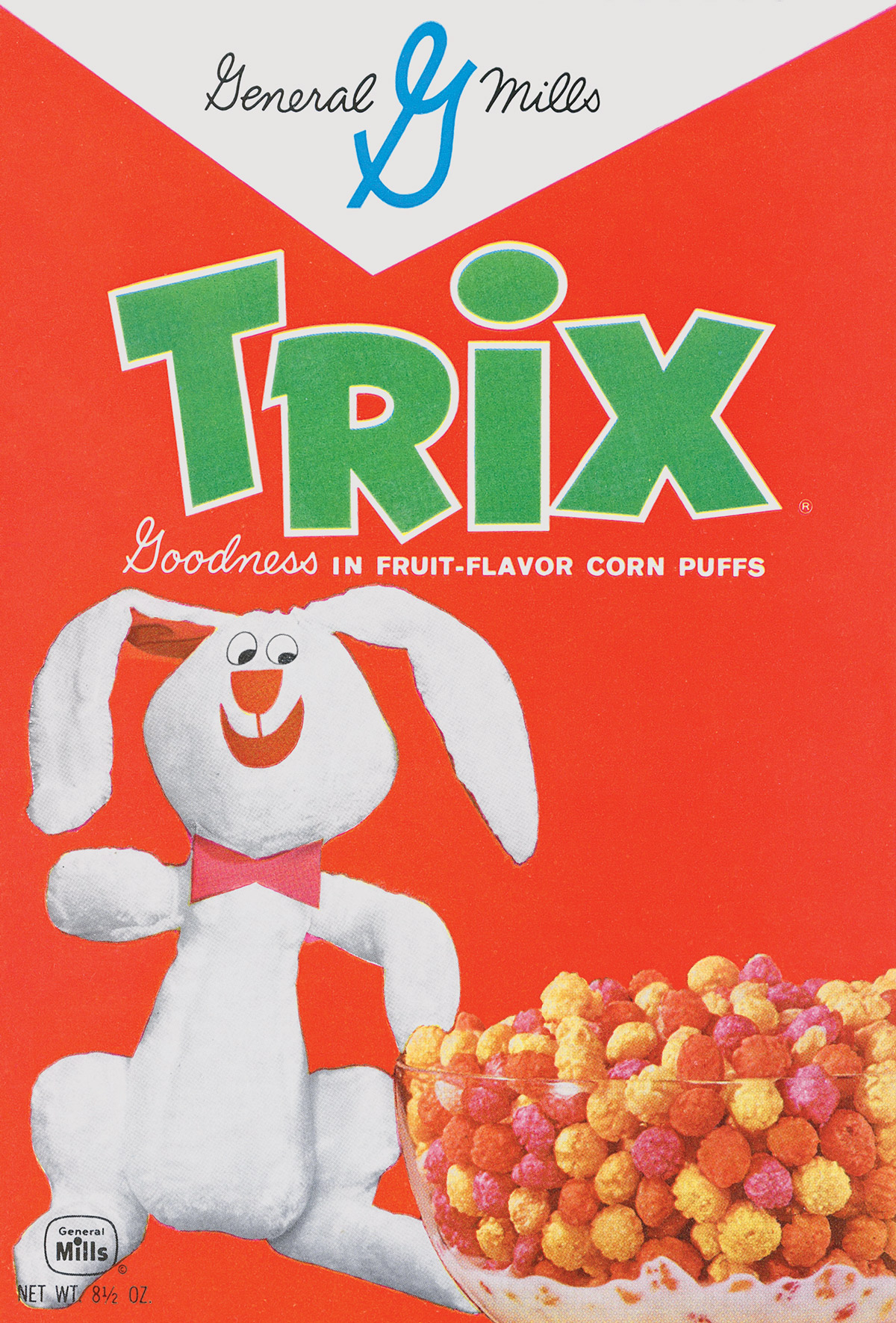 The front of a nineteen sixty one Trix cereal box featuring an early iteration of the Trix rabbit.