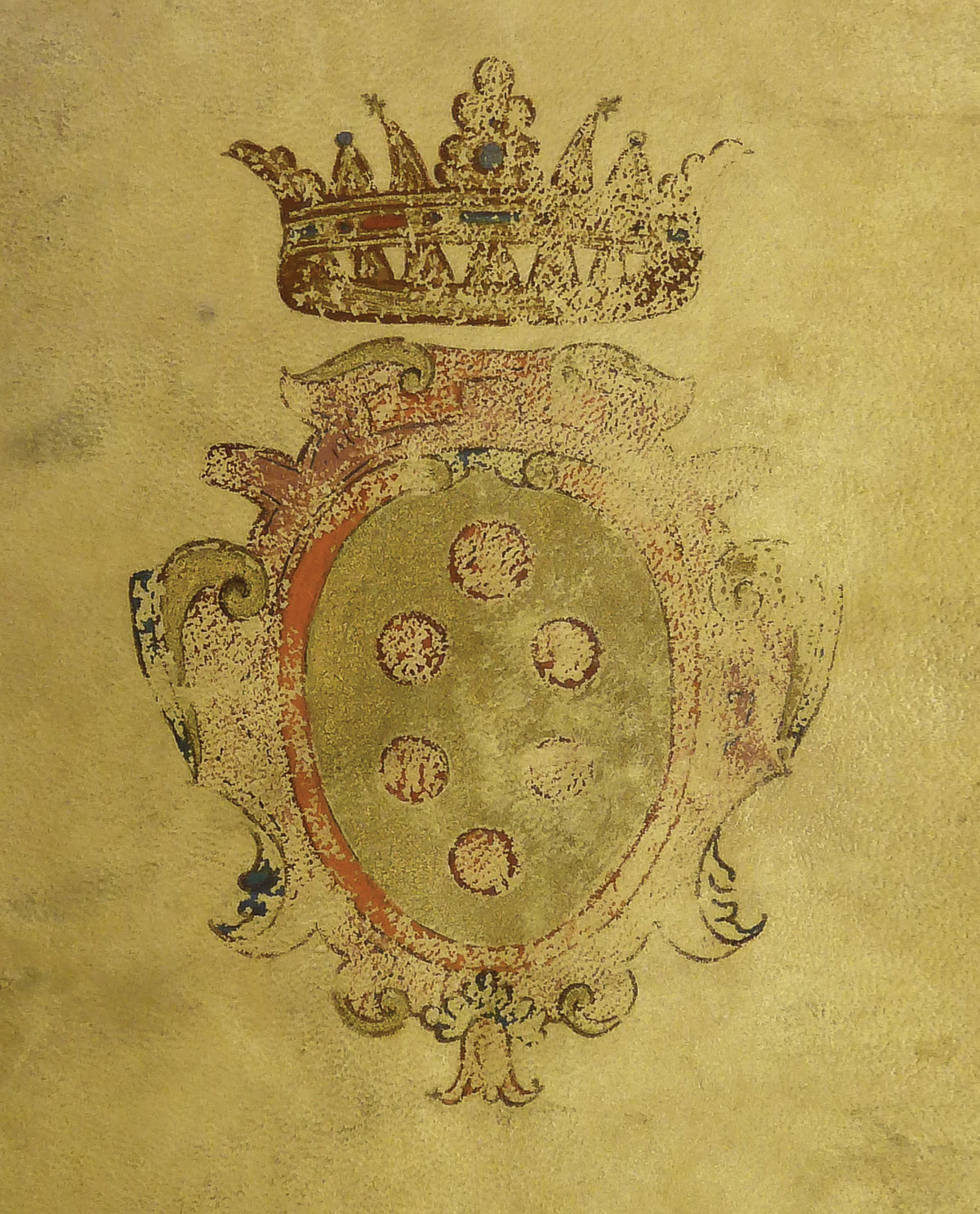 A photograph of the Medici coat of arms on a sixteen sixty book owned by the family.
