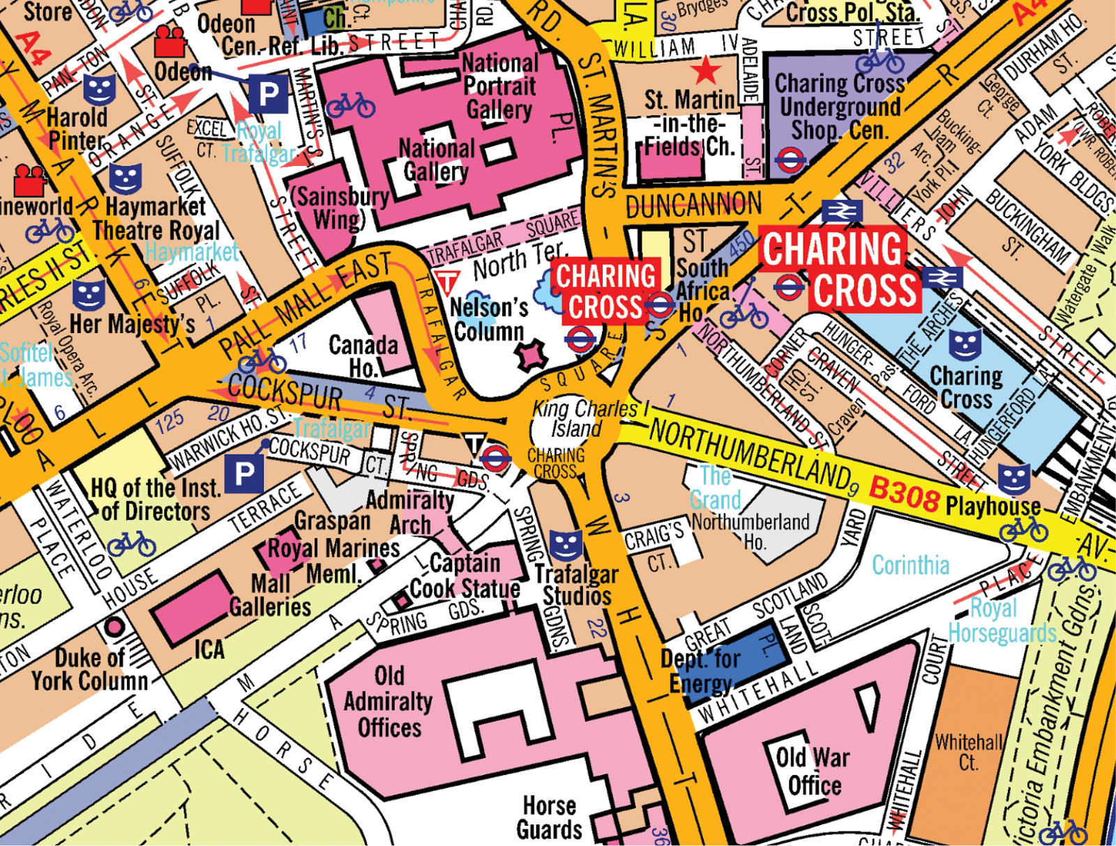 The front of a postcard depicting a map of central London with street names, landmarks, tube stops, parking garages, theatres, and several other points of interest.