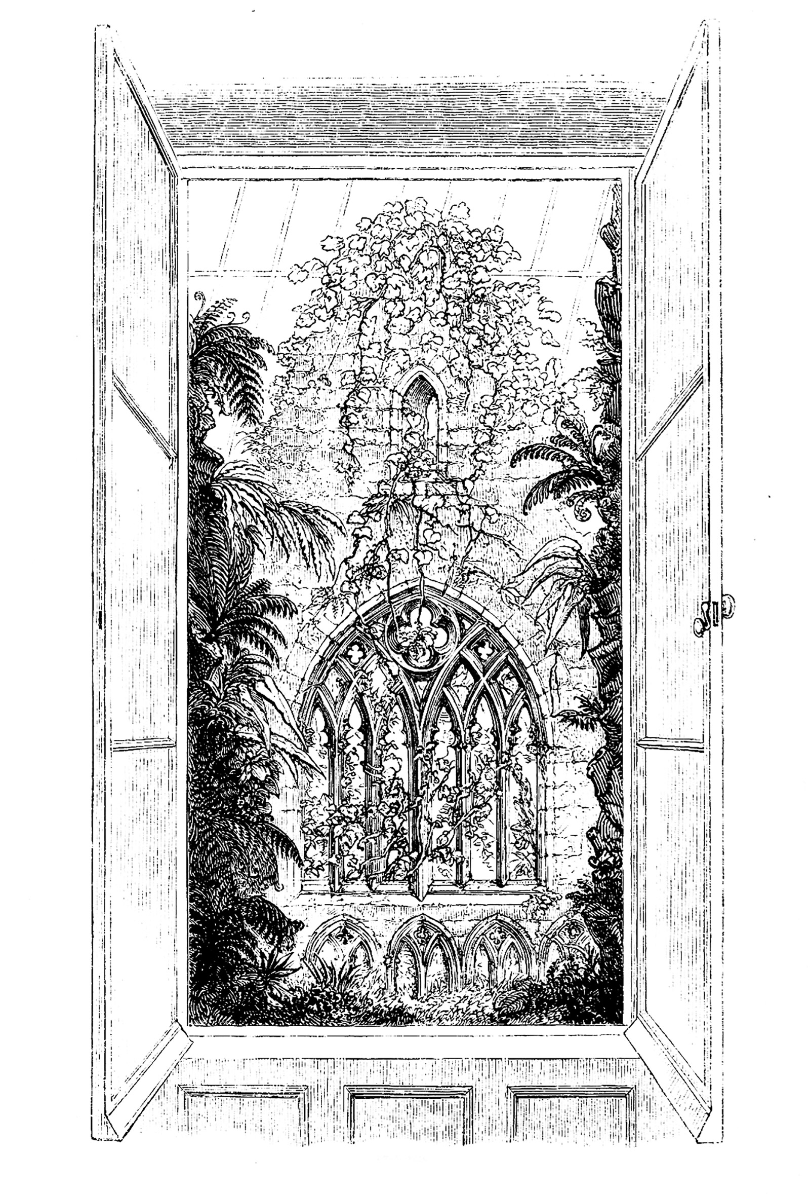 Large Wardian cases could be attached to the exteriors of windows. In one of the most famous designs, the plants framed a model of the ruins of Tintern Abbey. Illustration from 1852 edition of Nathaniel Ward’s On the Growth of Plants in Closely Glazed Cases.