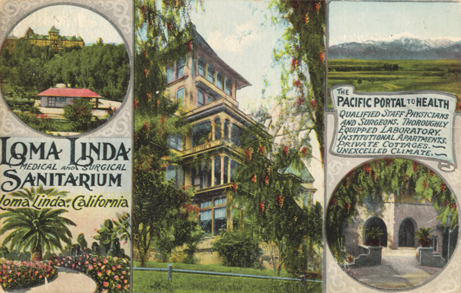 Postcard from 1913 featuring images of the  Loma Linda Sanitarium in California. Founded in 1905,  the sanatorium later became Loma Linda University.