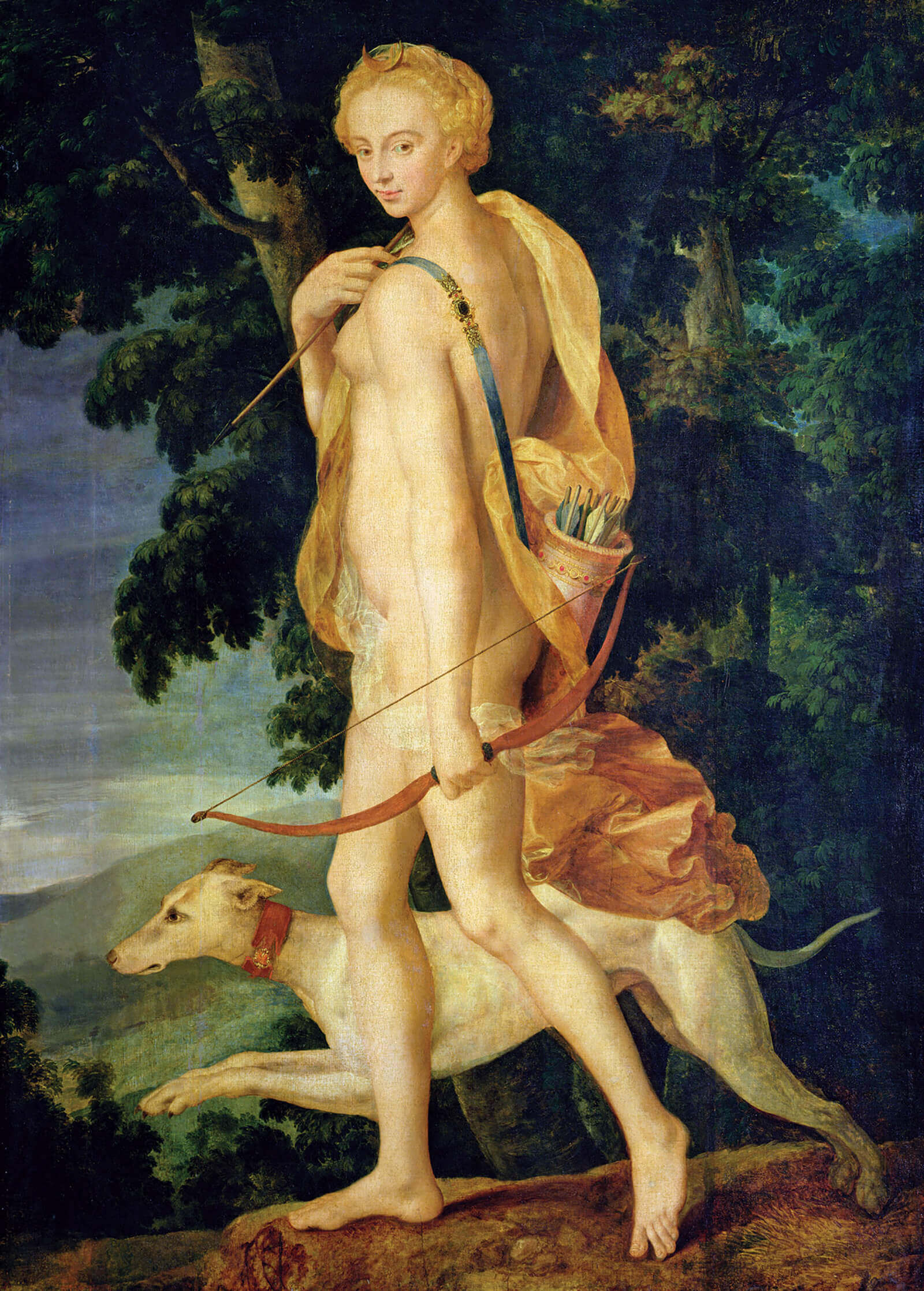 A mid-sixteenth-century painting, entitled “Diana the Huntress” attributed to the School of Fontainebleau, depicting a goddess accompanied by a greyhound.