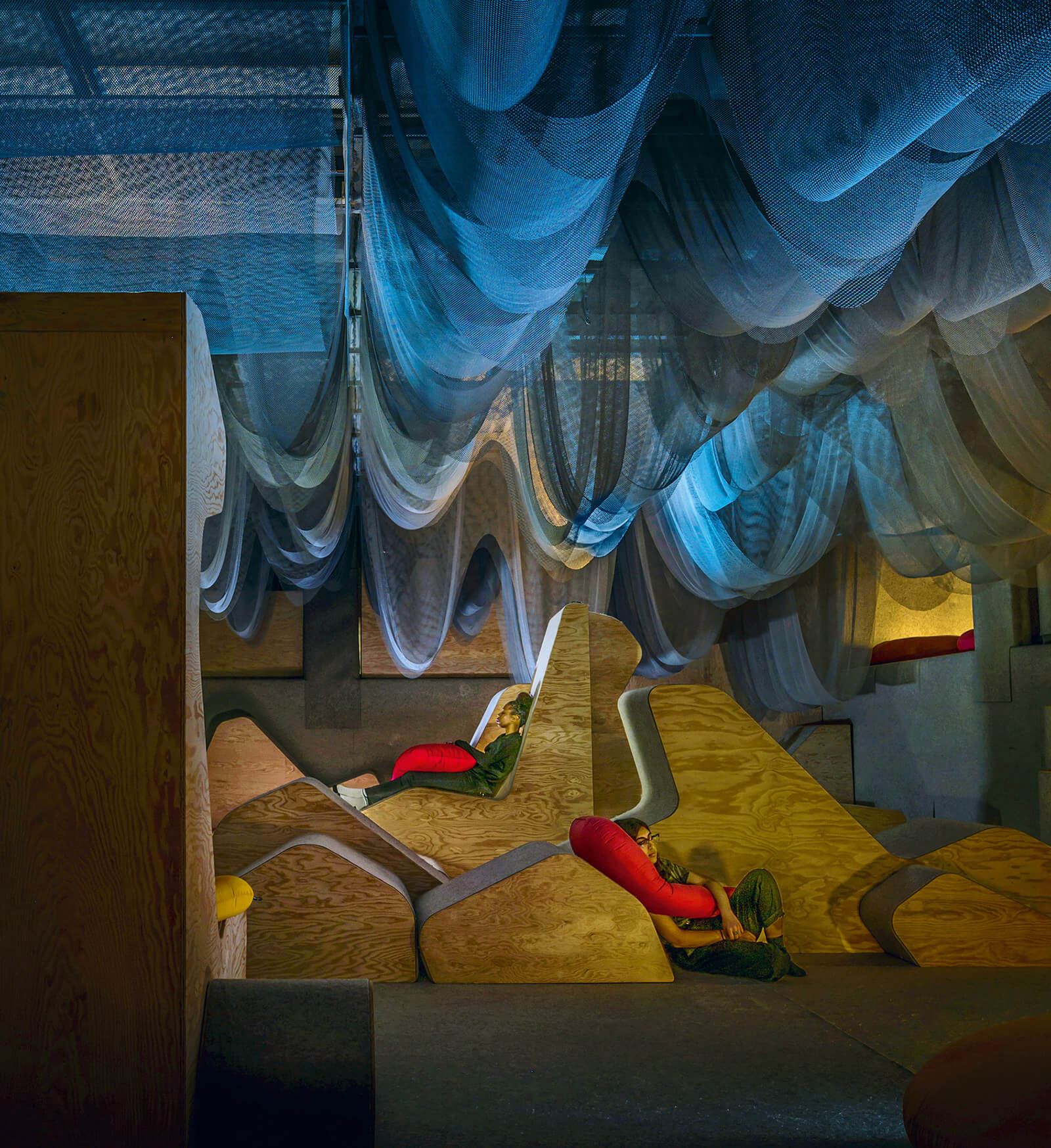 Idlers in “New Circadia,” an experimental space by Richard Sommer and Pillow Culture (Natalie Fizer and Emily Stevenson), the Architecture and Design Gallery, University of Toronto, 2019–2020. Photo Bob Gundu.