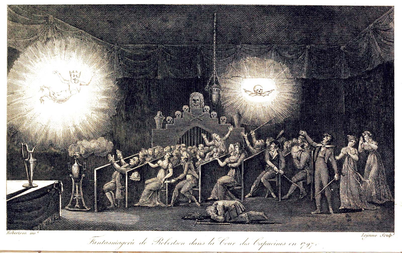 An 1831 engraving depicting phantasmagoria staged by Robertson at the Cour des Capucines in Paris in 1797.