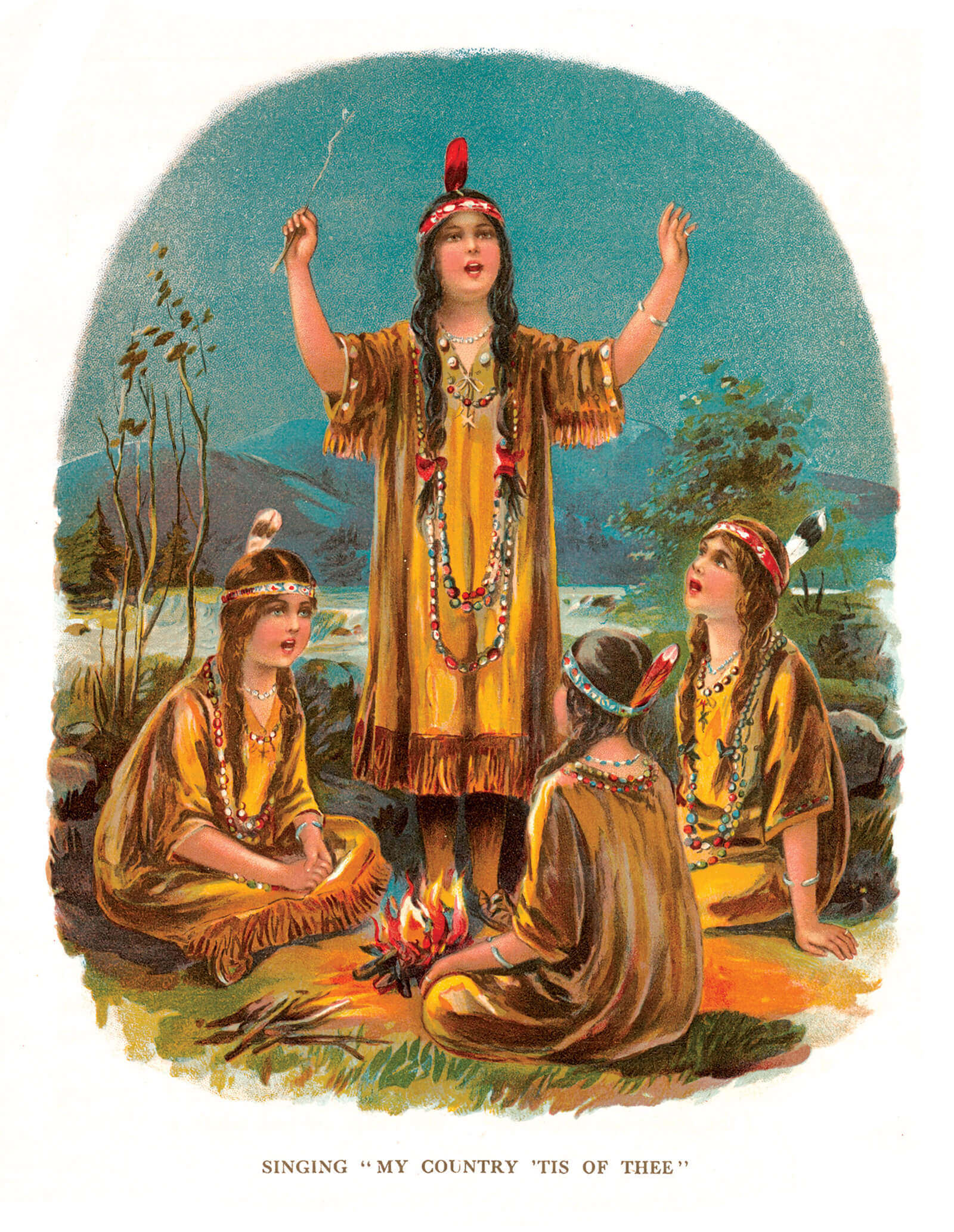 A painted illustration of four young girls surrounding a fire taken from the handbook entitled “Camp Fire Girls,” put out by the organization in nineteen thirteen.