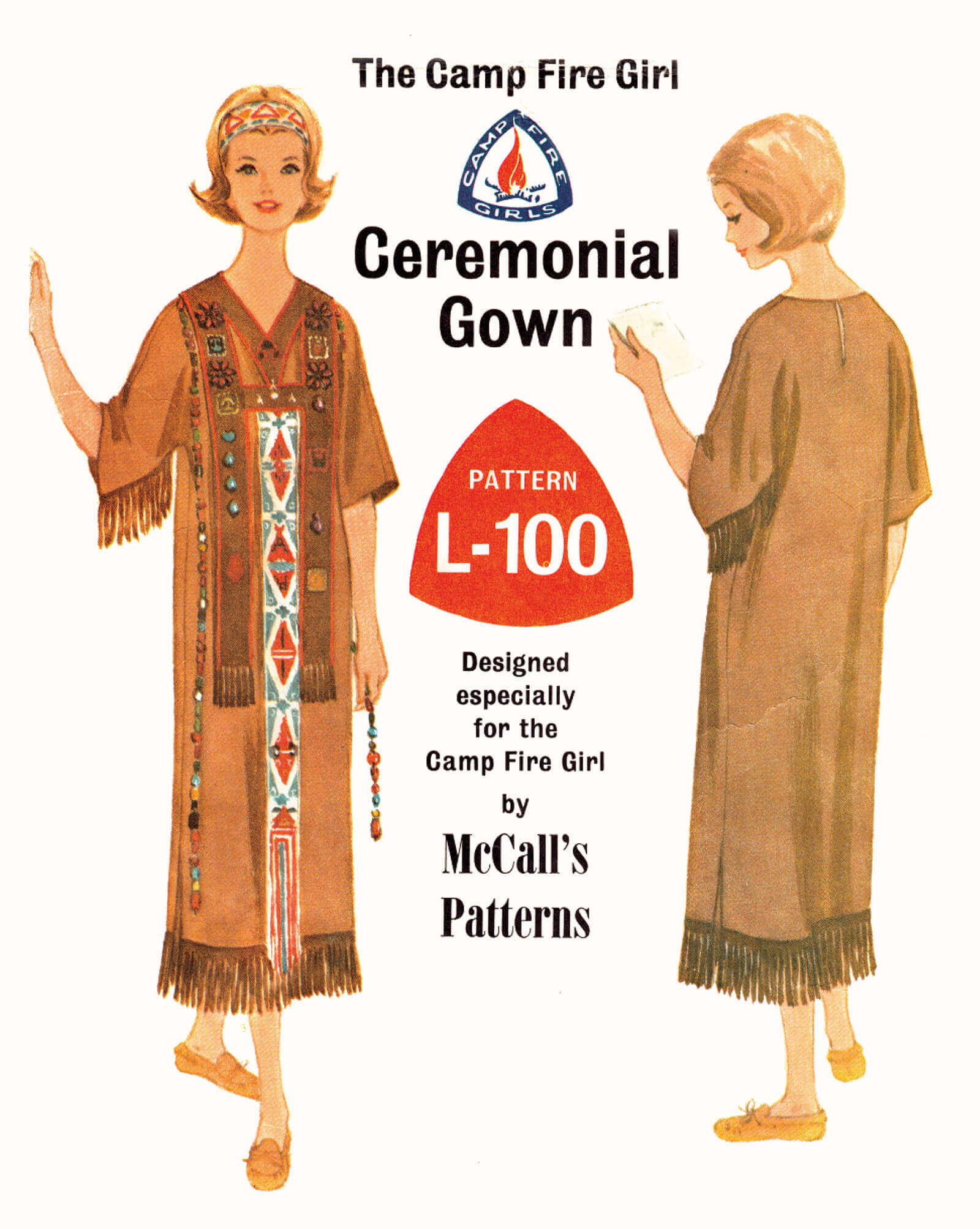 A page from the book entitled, The Shul U Tam Na (In Full Dress—With All Beads On) of the Camp Fire Girls, showing McCall’s pattern for the “Camp Fire Girl” ceremonial gown, mid-nineteen sixties. Gulick’s nineteen fifteen book had stipulated precise guidelines for the design of the organization’s costumes.