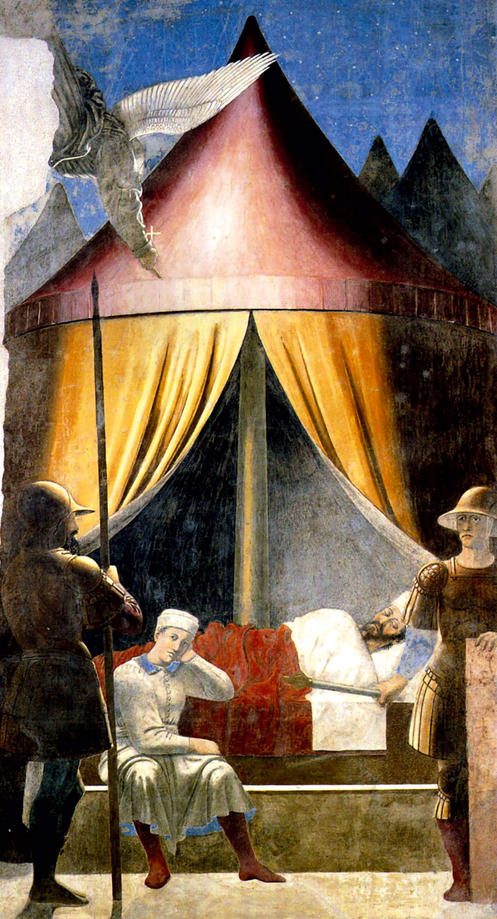 A fourteen sixties painting by artist Piero della Francesca entitled, “Dream of Constantine,” located in Basilica di San Francesco, Arezzo, Italy. The fresco depicts one of the last pan-Mediterranean legends of dream sharing. In three hundred and twelve, the Emperor Constantine, on the eve of the Battle of the Milvian Bridge with his rival Maxentius, is said to have dreamt of a cross emblazoned with the words, “By this sign you will conquer.” Victorious, he would convert himself, and the Roman Empire, to Christianity.