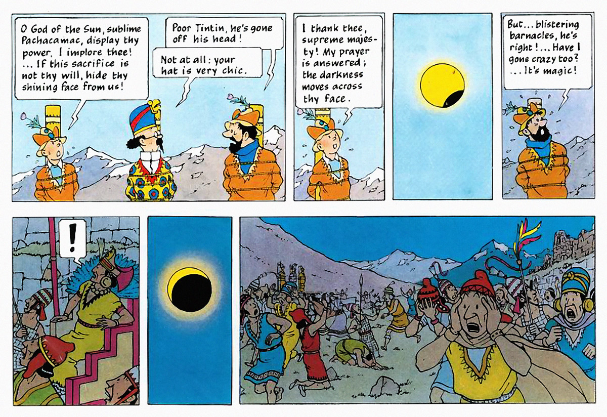 Illustrated panels from Herge’s “The Adventures of Tintin: Prisoners of the Sun” originally published in serial form between 1946 and 1948.