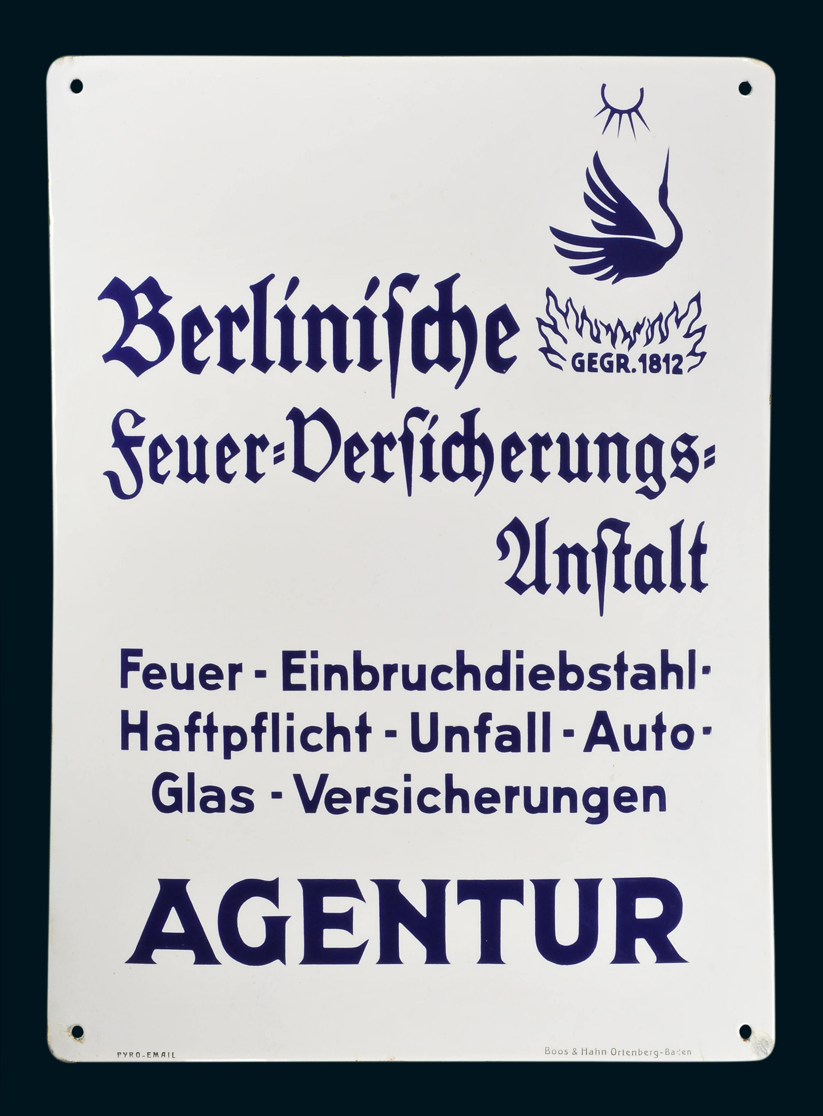 A photograph of a nineteen fifties sign from the Berlin Fire Insurance Institute advertising various forms of insurance. 