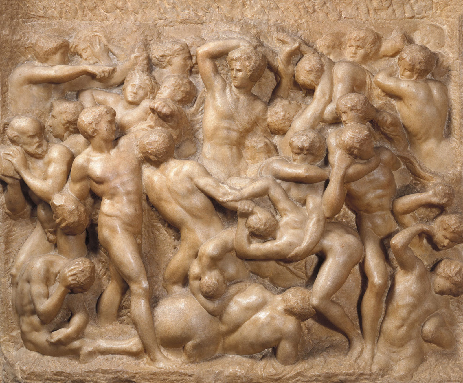 A photograph of the relief sculpture entitled The Battle of Lapiths and Centaurs, which Michelangelo made around fourteen ninety-two.