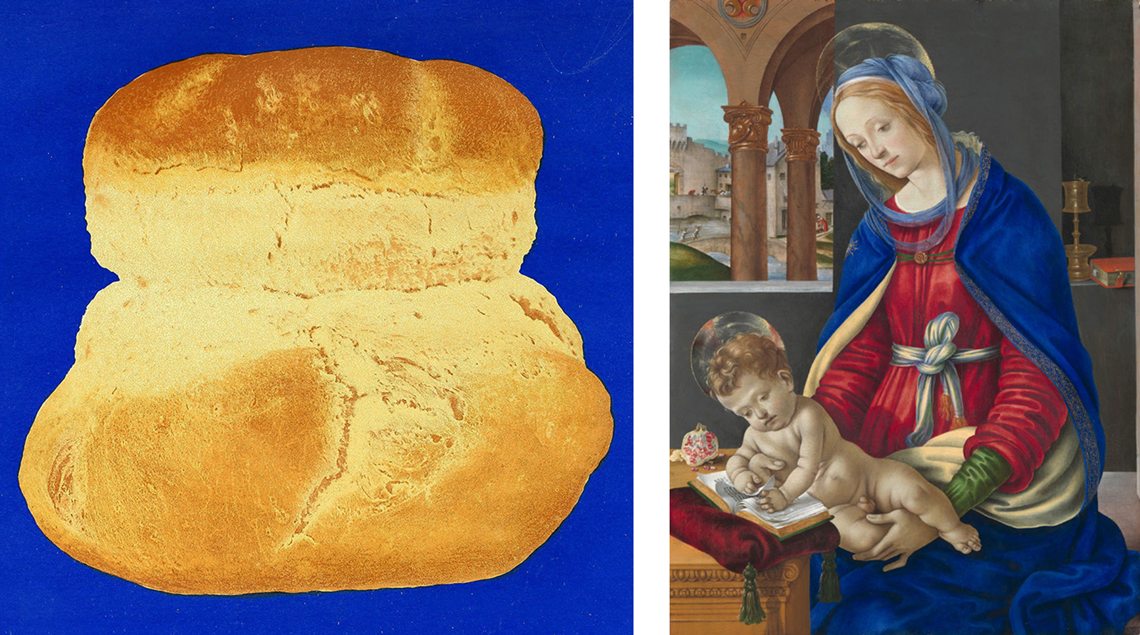 A richly colored photograph of a loaf of bread from “The Book of Bread” juxtaposed with a painting from circa 1483 by Filippino Lippi titled Madonna and Child.