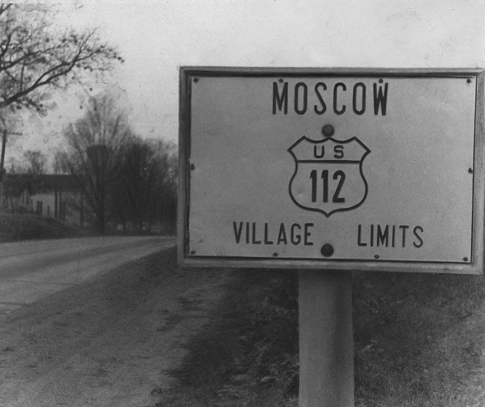 Photograph by Ilf of a sign for Moscow, Idaho, circa nineteen thirty-five.