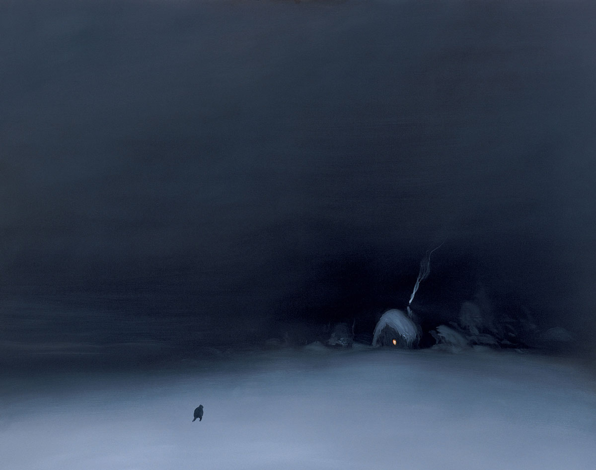 A painting by Nedko Solakov entitled “the exhausted pilgrim’s tracks over the deep snow.”