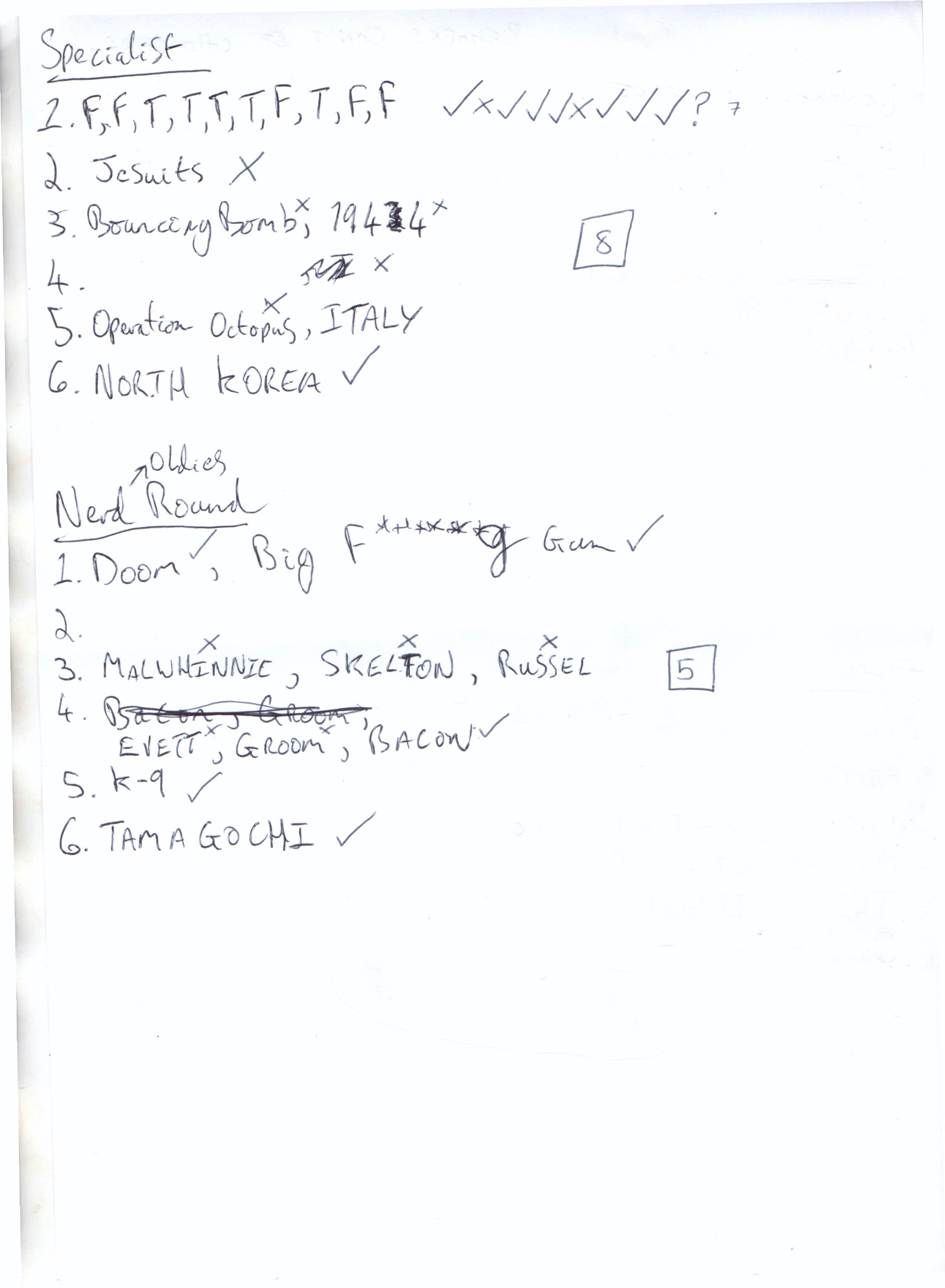 Team 4’s handwritten answer sheet to the Secrecy quiz round