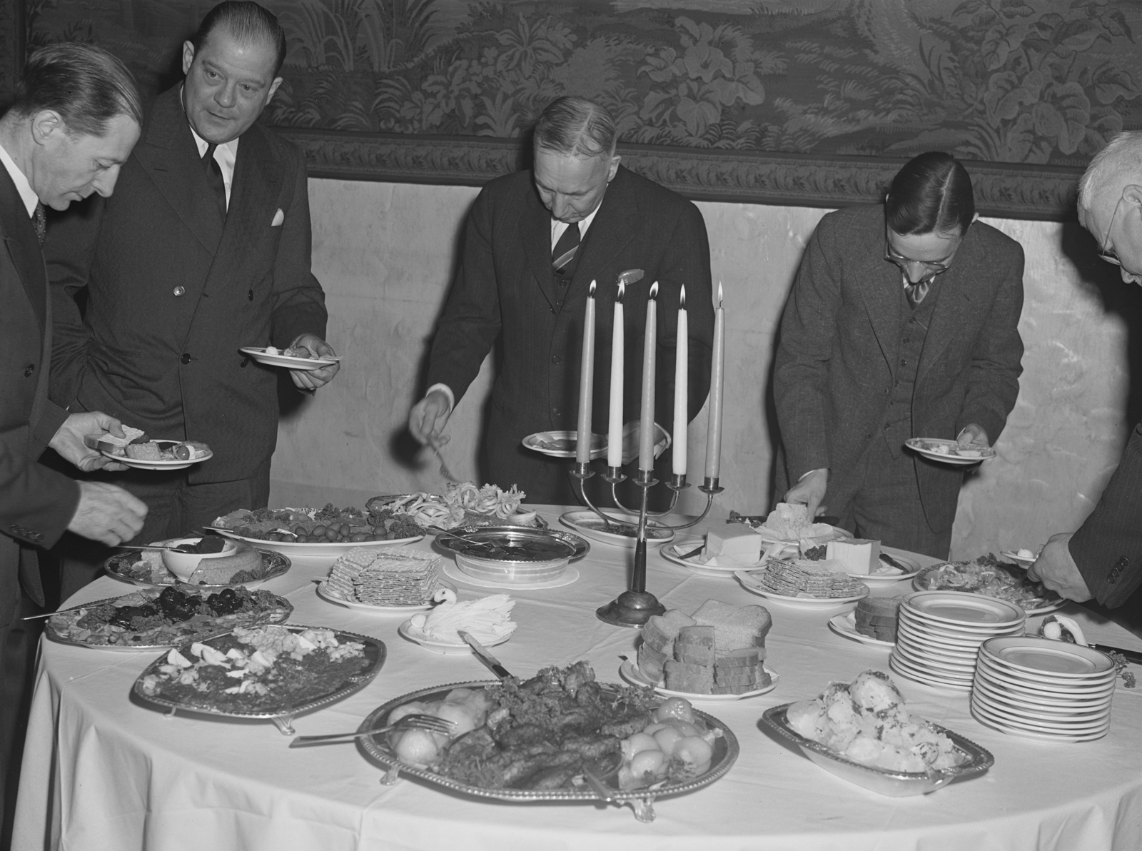 Photograph of the smorgasbord before a meeting of the Swedish Club, Minneapolis, Minnesota, nineteen forty two.