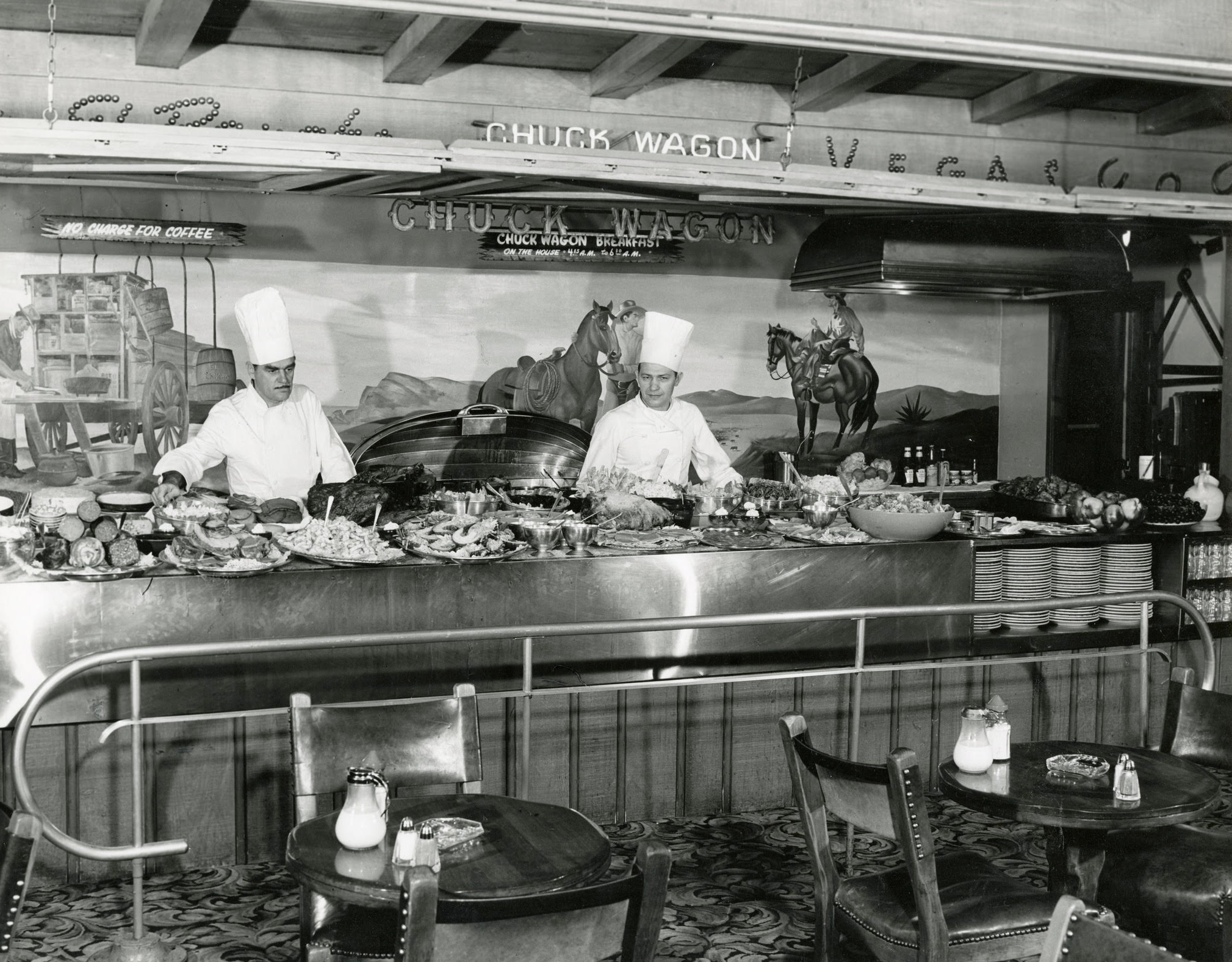 Photograph of the Chuck Wagon Buffet and its chefs at El Rancho Vegas, late nineteen forties.