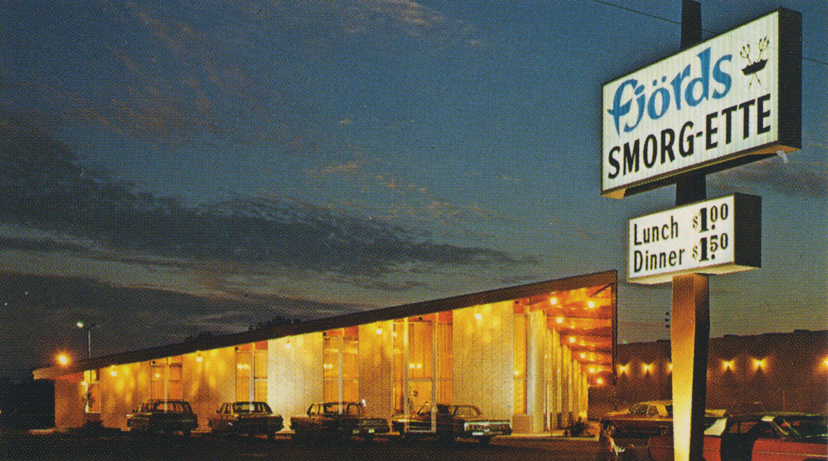 Postcard from Fjörds Smorg-ette, Stockton, California, circa nineteen sixty.