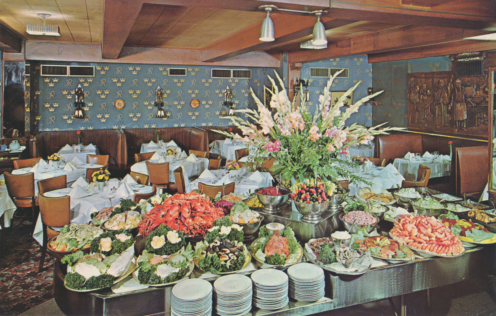 Postcard of a buffet at the Stockholm Restaurant in nineteen sixties New York.